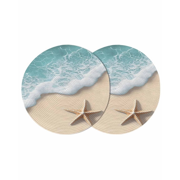 Beach Coastal Round 13 Inch Placemats Set of 2, Summer Nautical Starfish Aqua Beige HeatResistant Non Slip Place Mats for Dining Table, Wipeable Braided Kitchen Table Mats for Housewarming