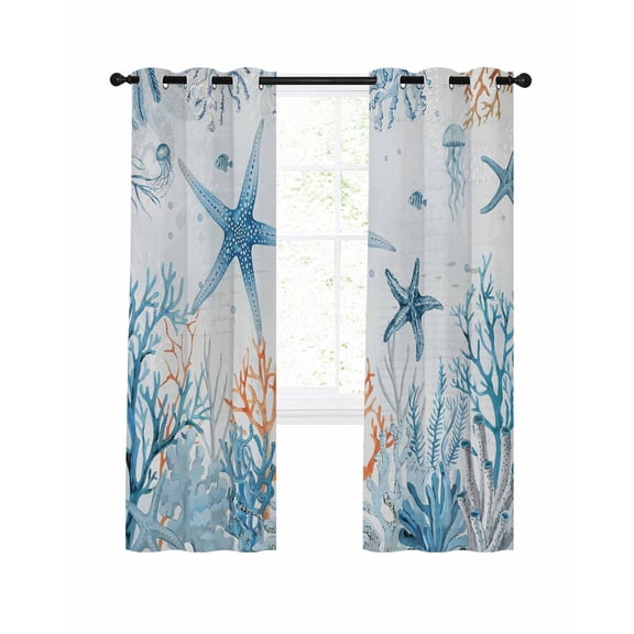 Blue Starfish Coastal Blackout Curtains, Light Blocking Print Window Curtains, Summer Beach Sea Ocean Coral Jellyfish Thermal Insulated Window Drapes for Living Room 2 Panels, 55"W x 39"L