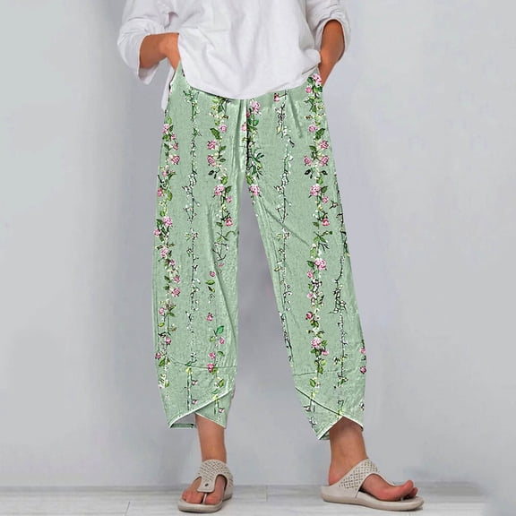 Mingw Plus Size CLothes for Women Elastic Drawstring Capri Pant Floral Loose Fit Mid Rise Wide Leg Trousers,Sizes:S-5XL