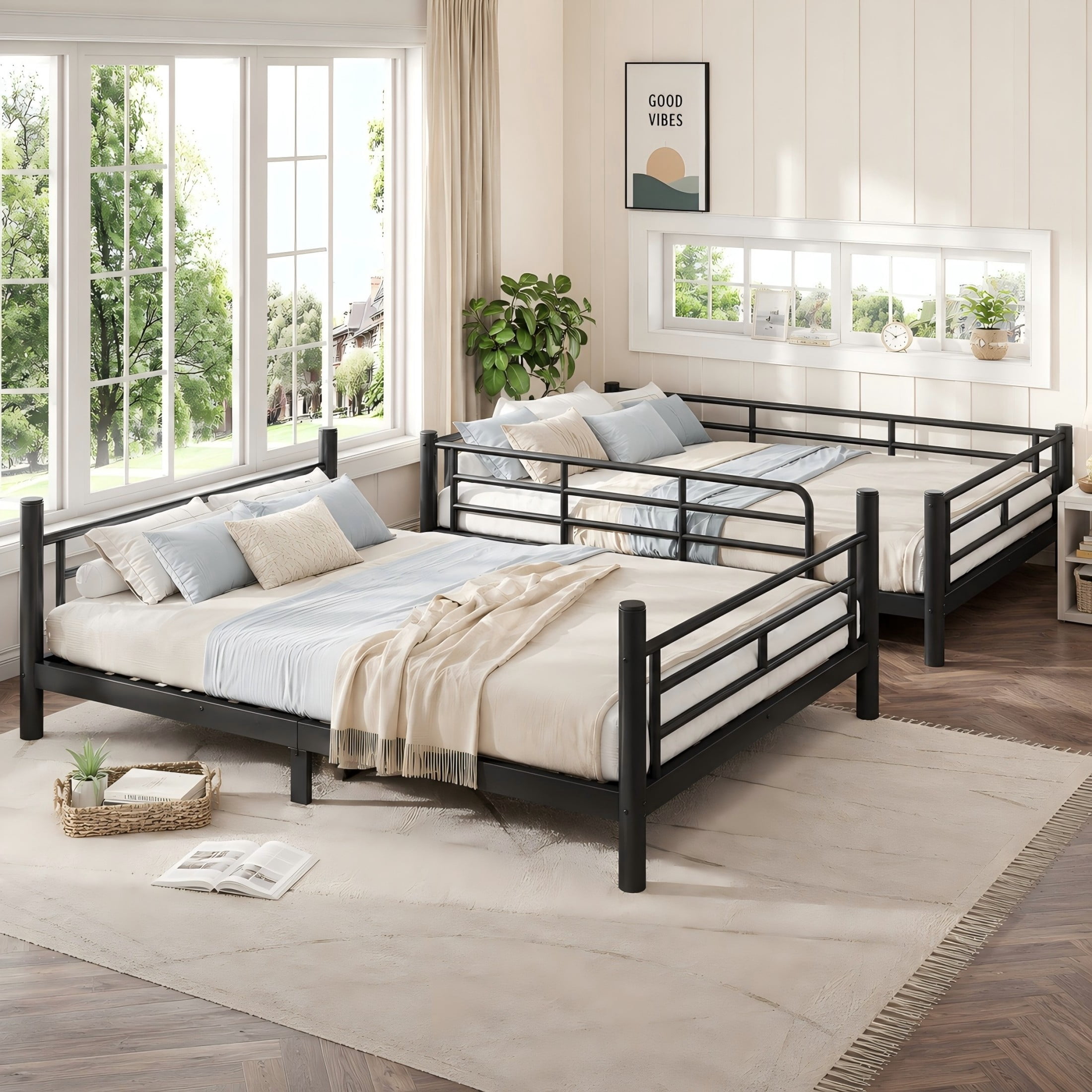 Aukfa Full over Full Metal Bunk Bed, Converts into Two Full Beds, Round Tube Construction & No Box Spring Needed, Black