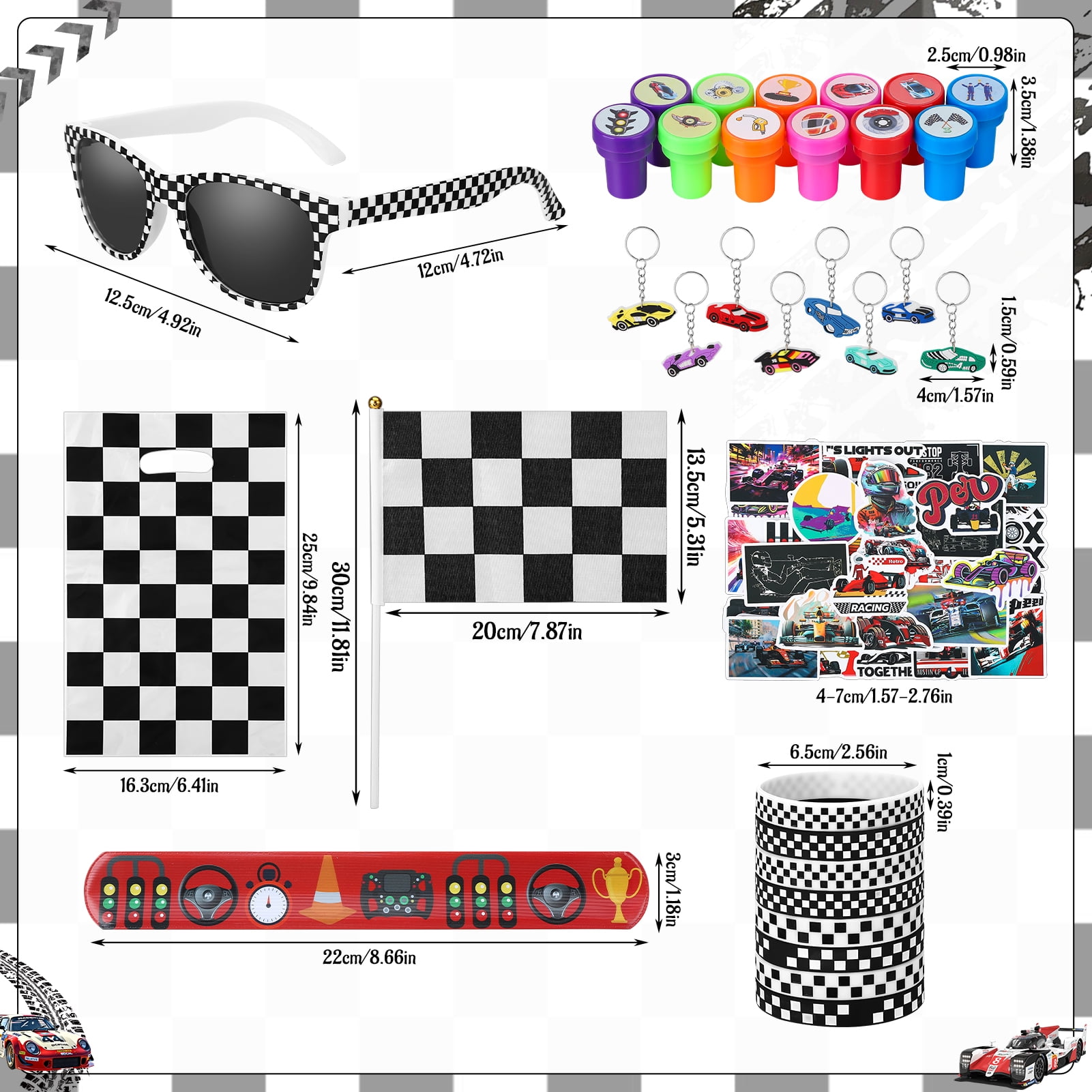 sixwipe 107 Pcs Race Car Party Favors Set, Car Themed Birthday Party Decorations, Goodie Bag Stuffer Pinata Filler with Racing Glasses and Flags, Cars Themed Favors for Wheel Birthday Decor