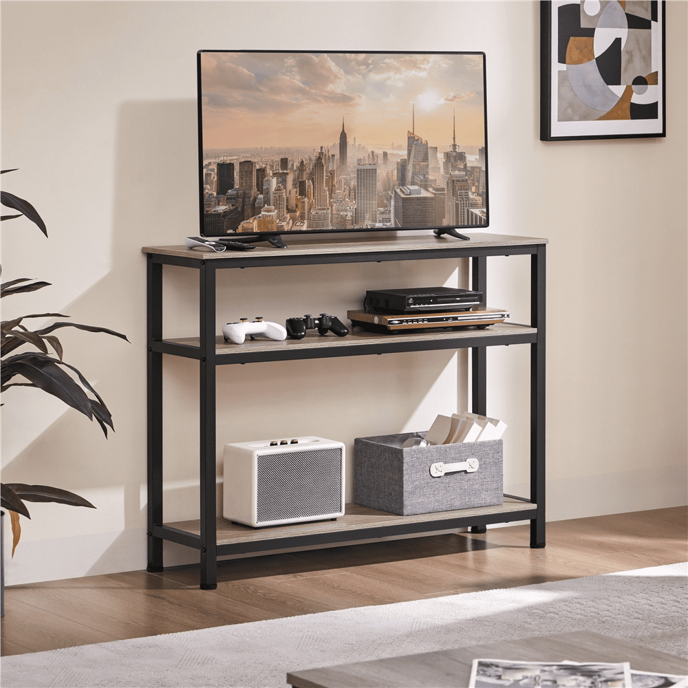 Alden Design Industrial Wooden Entryway Console Table with Open Shelves for Living room, Rustic Gray