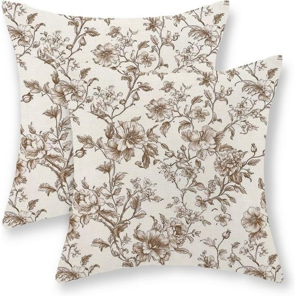 Brown Pillow Covers 18x18 Set of 2 Brown and Cream Floral Chinoiserie Throw Pillows Vintage Rustic Toile Flower Decorative Pillow Cases Outdoor Chinoiserie Decor Cushion Case for Couch Sofa