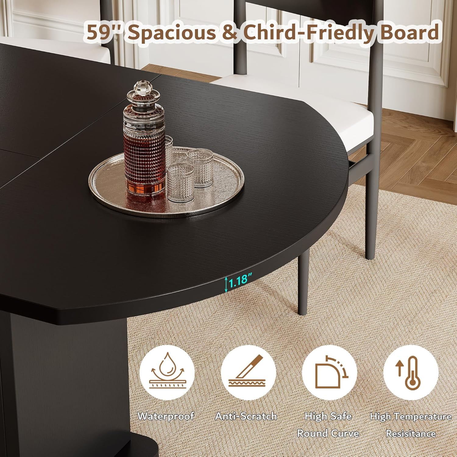 iPormis Extendable Round Dining Table for 4-6, 59'' Modern Kitchen Table with 2-Tier Storage Shelf, Wood Door, MDF Board, Space Saving Oval Dinner with Sturdy Pedestal Base, Kitchen, Dining,Black