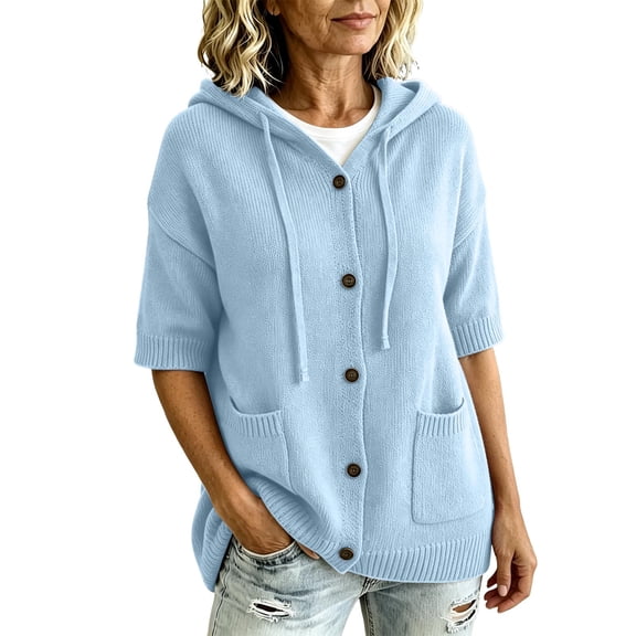 FAIWAD Short Sleeve Cardigans for Women Plus Size Button up Casual Hooded Sweaters with Pockets