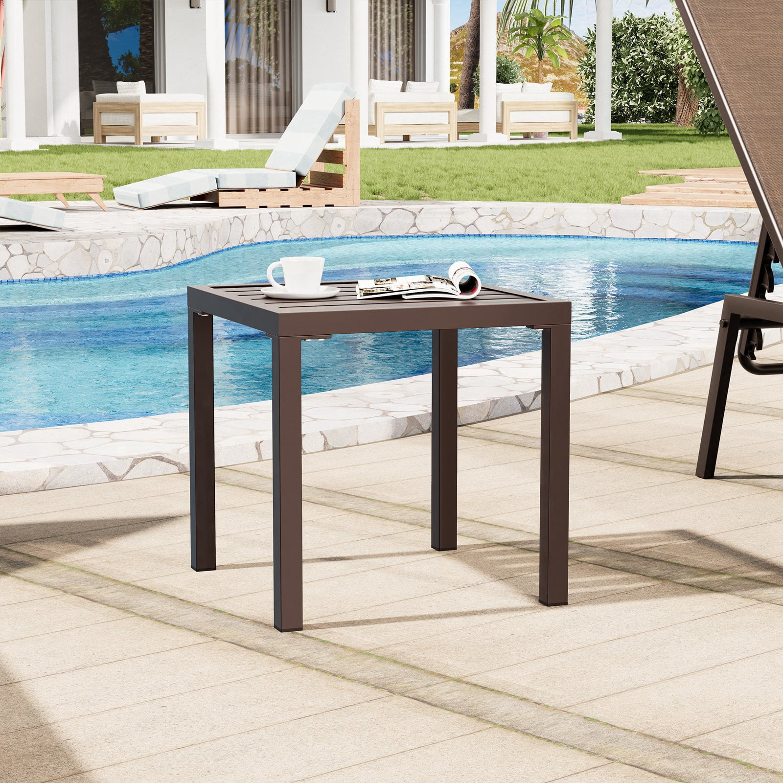 Pellebant 16" Outdoor Side Table, All-Weather Square Metal Patio End Table for Garden, Porch, Deck, Backyard, Brown