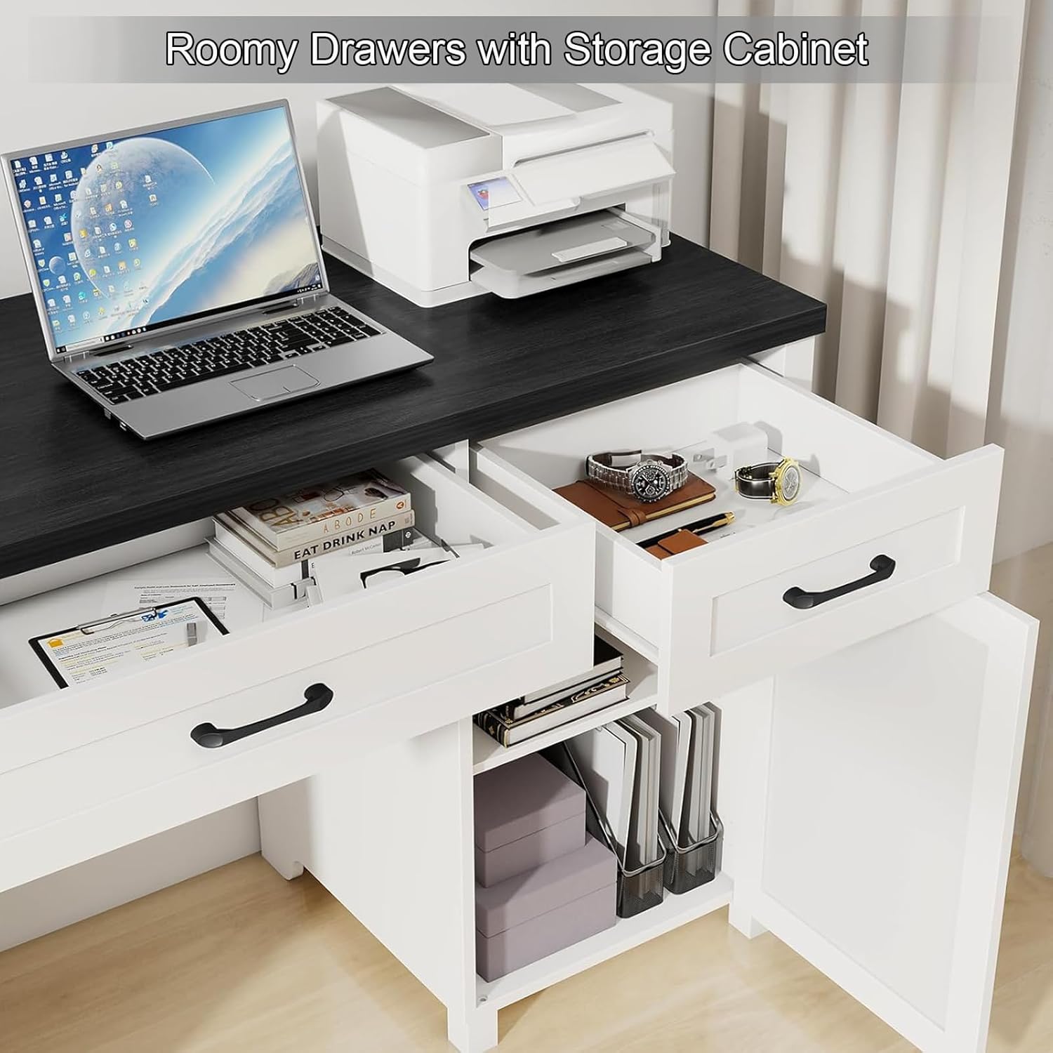Vabches 61" W Executive Desk with Hutch, Farmhouse Office Computer Desk with 5 Drawers and Charging Station & File Cabinet, Wood Writing Study Table