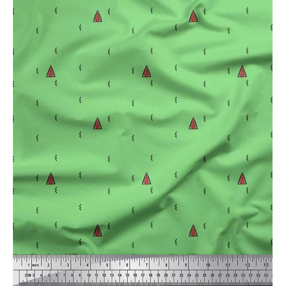 Soimoi Green Japan Crepe Satin Fabric Abstract & Tree Folk Art Print Sewing Fabric Yard 42 Inch Wide