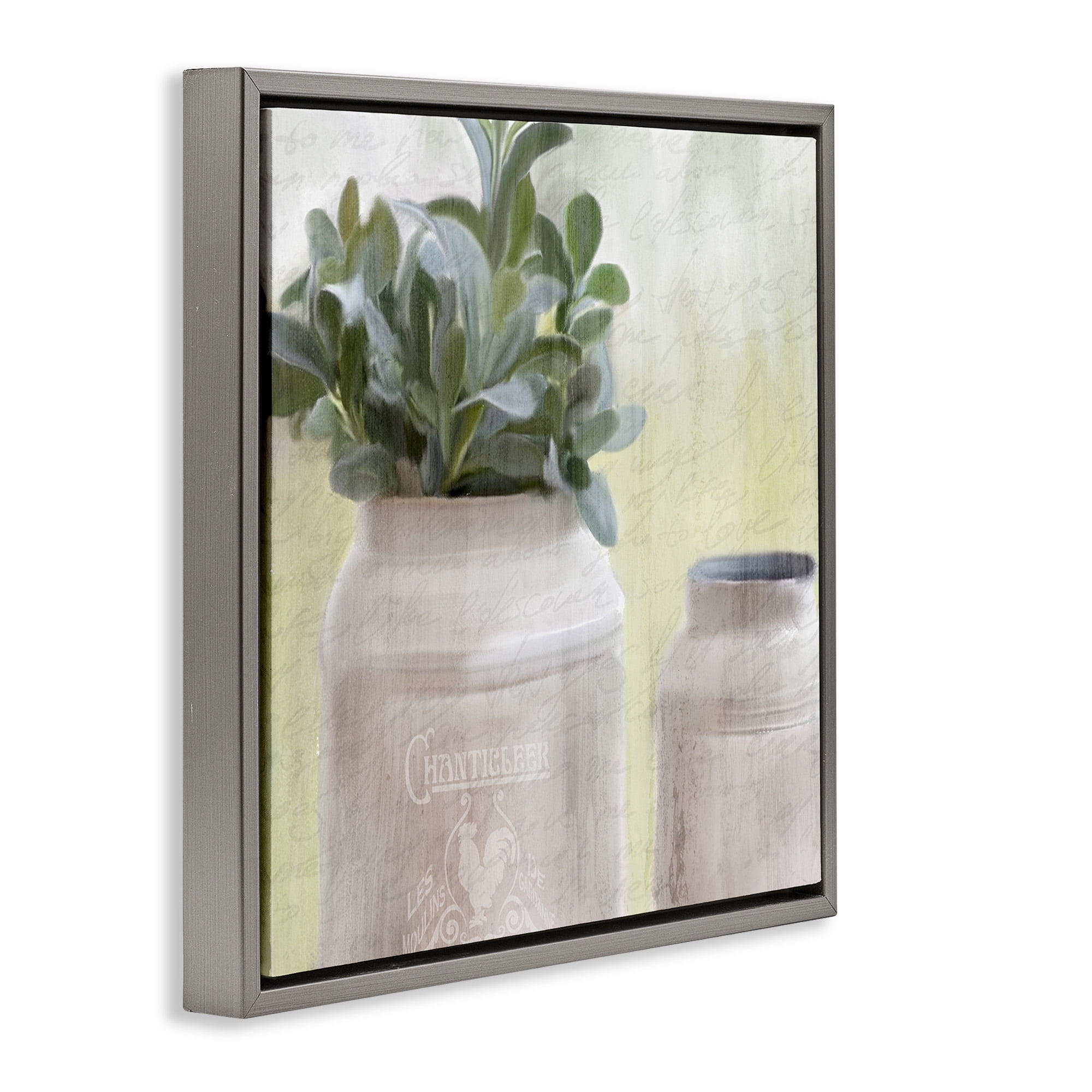 Stupell Industries Farmhouse Mill Can with Greenery Botanical & Floral Painting Gray Floater Framed Canvas Art Print Wall Art, 18 x 18