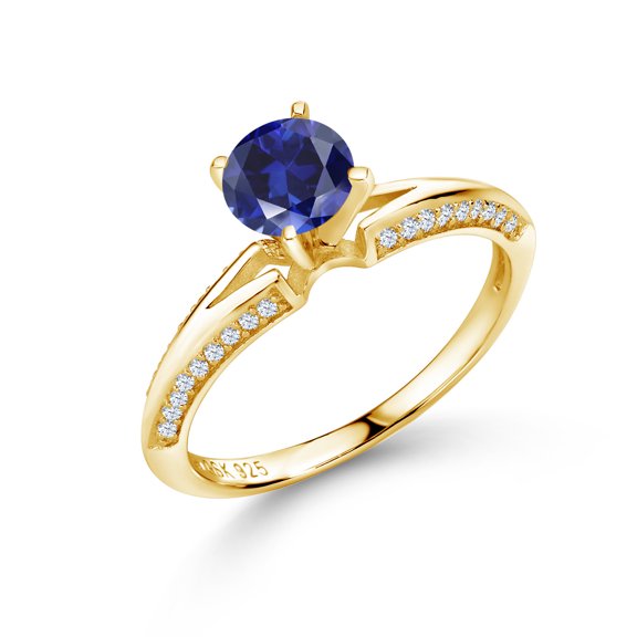 Gem Stone King 1.58 Ct Round Blue Created Sapphire 18K Yellow Gold Plated Sterling Silver Ring (Size 9)