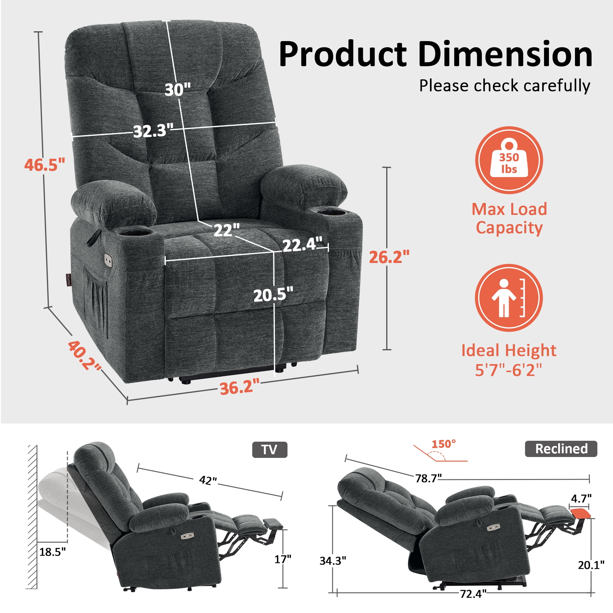 MCombo Large Power Lift Recliner Chair with Extended Footrest for 5'7"-6'2" Elderly People, Fabric, Dark Grey