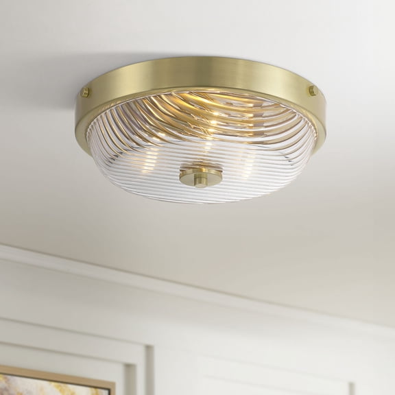 Regency Hill Carmine 12" Modern Flush-Mount Ceiling Light Fixture Kitchen Foyer Hallway Bowl Round Clear Brass Finish Glass