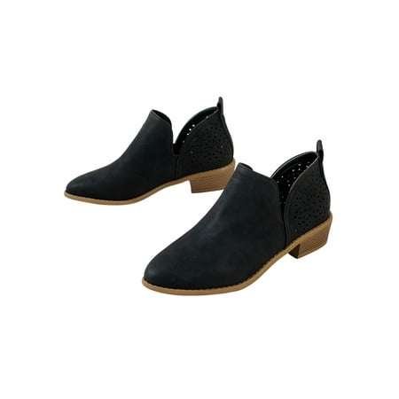 

Welliumy Womens Casual Shoes Low Heels Ankle Boots Slip On Stacked Heel Booties Office Walking V Cut Cutout Black 6.5