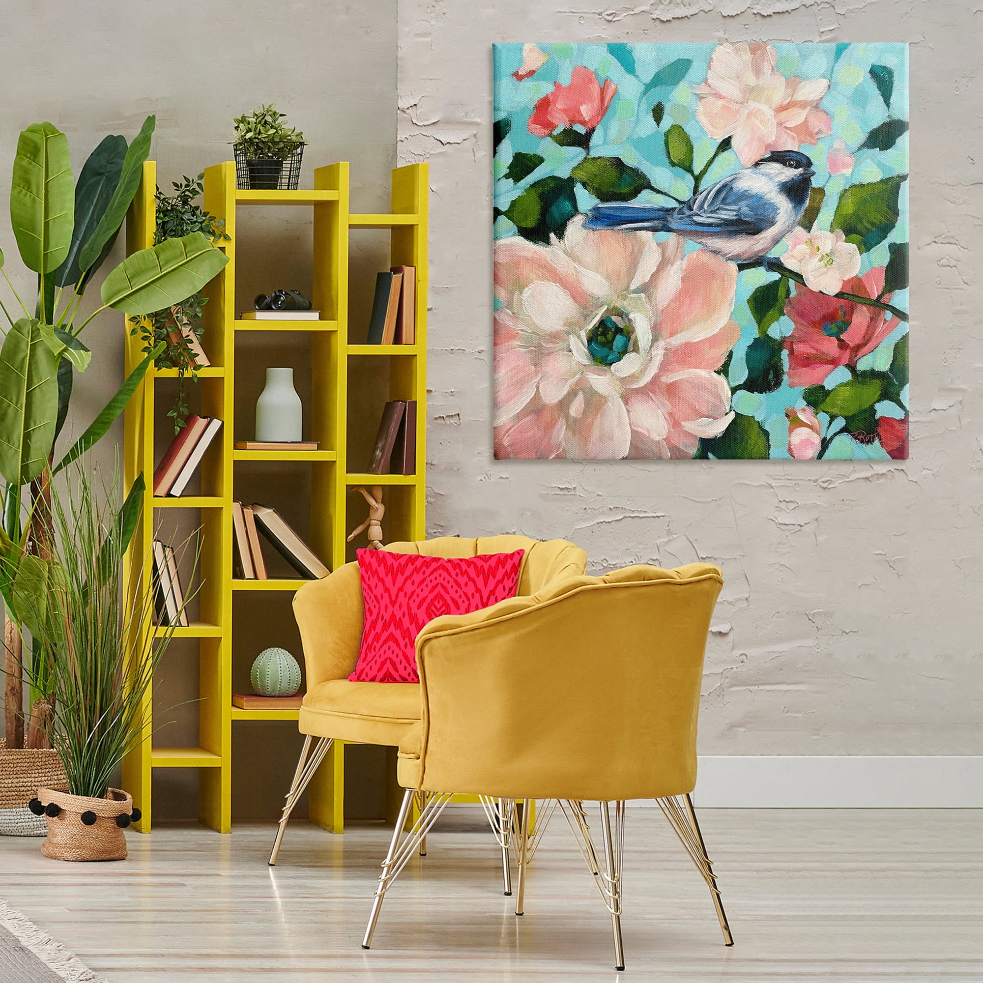 Stupell Industries Blue Bird & Bold Flowers Plants & Flowers Painting Wrapped Canvas Art Print Wall Art, 36 x 36
