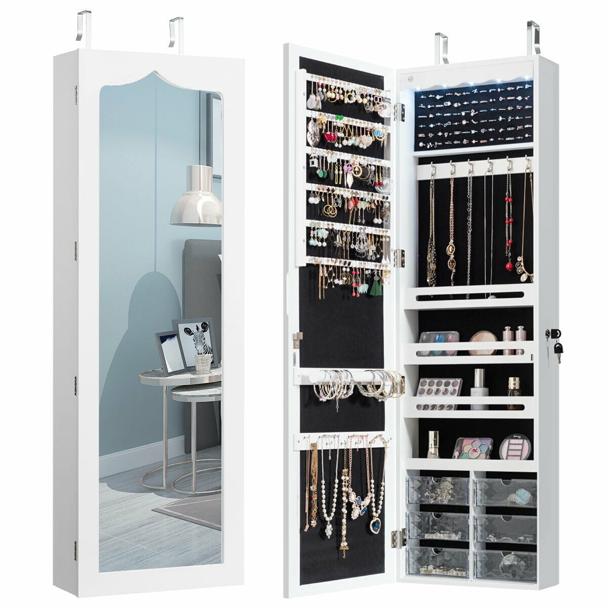 Full Size Mirrored Wall & Door Mounted Jewelry Cabinet Storage W/ LED Lights 