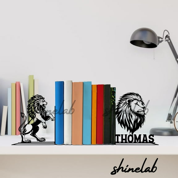 Shinelab Lion Metal Bookends, Safari Animal Bookshelf Decor, Book Lovers Gift 12799