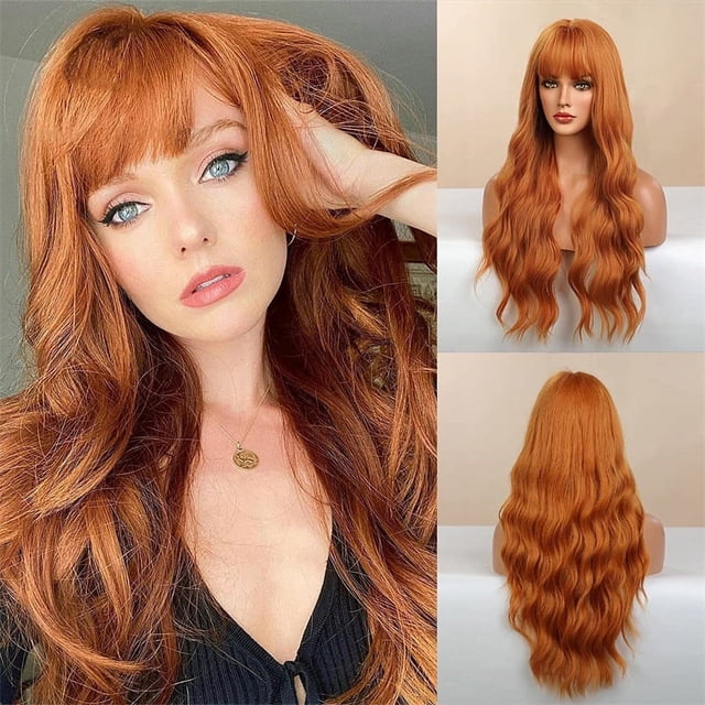 Peluca de estilo ondulado para mujer, cabello largo y rizado de color naranja, peluca con fibra química para la cabeza