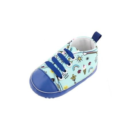 

Woobling Baby Girls Boys Canvas Sneakers First Walkers Flats Prewalker Crib Shoes Infant Casual Shoe Non-Slip Comfort Breathable Blue-Cartoon Pattern 0-6 months