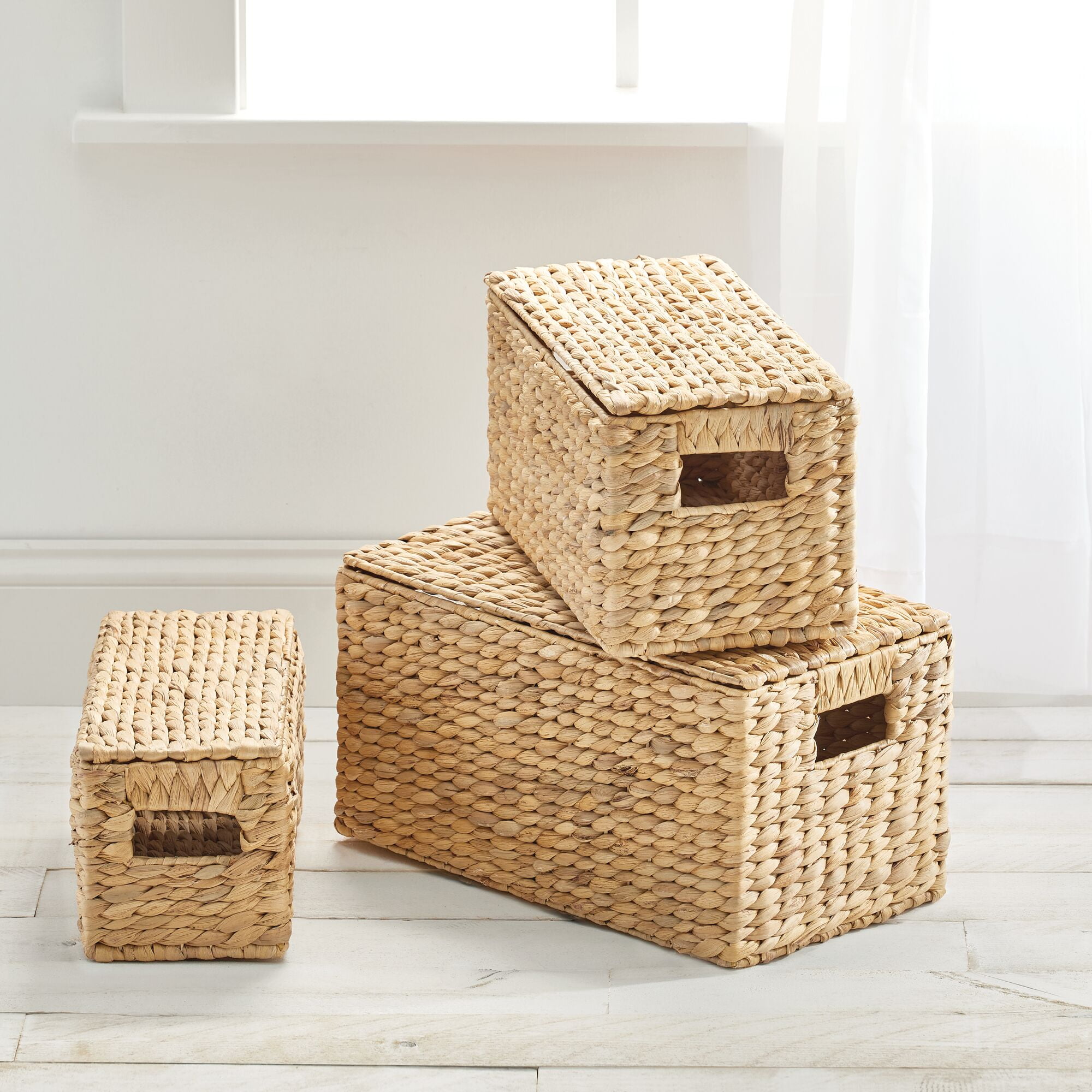 mDesign Woven Water Hyacinth Storage Basket, Lid/Handles, Set of 3 - Natural/Tan