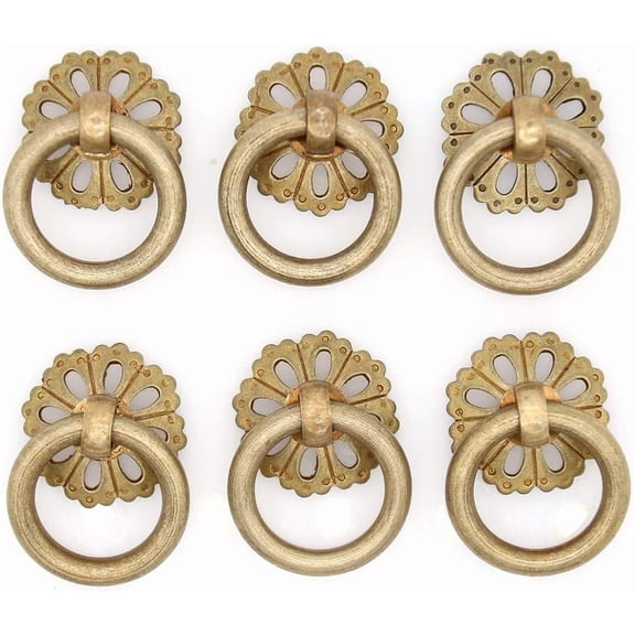 ABCISI 4 PCs Vintage Antique Brass Ring Pulls with Hollowed-Out Dome Base -Solid Brass Cabinet Hardware-Retro and Vintage Style, Ring Size 1.4" (3 cm)