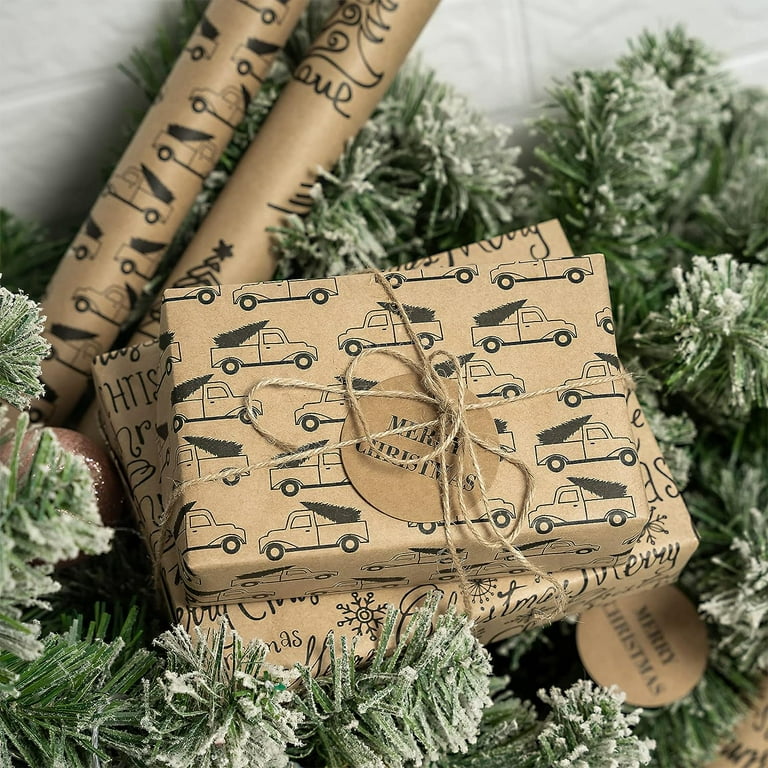 RUSPEPA Christmas Wrapping Paper Rolls with Tags and Jute String - 17  inches x 10 feet per Roll, Total of 3 Rolls