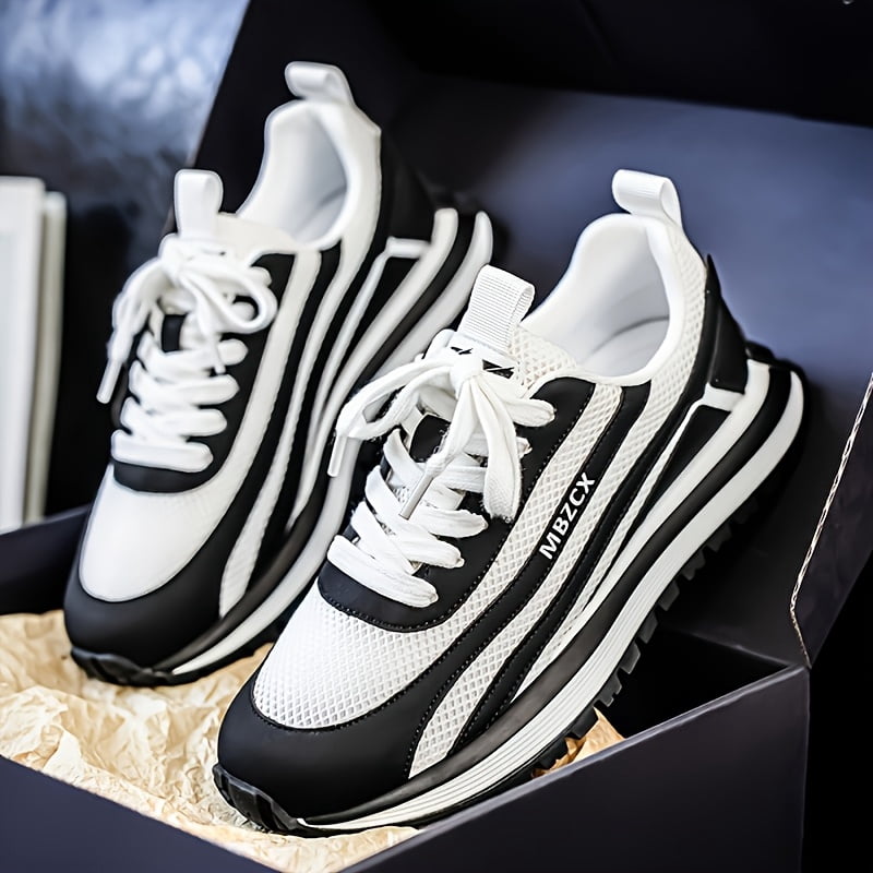 Men'S Casual Sneakers - Breathable Mesh & PU Upper, Teal/White Color-Blocking Design, Thickened PVC Non-Slip Sole, Daily Wear, Lace-Up Shoes, Fashionable Comfortable for All Seasons, Outdoor Hiking,