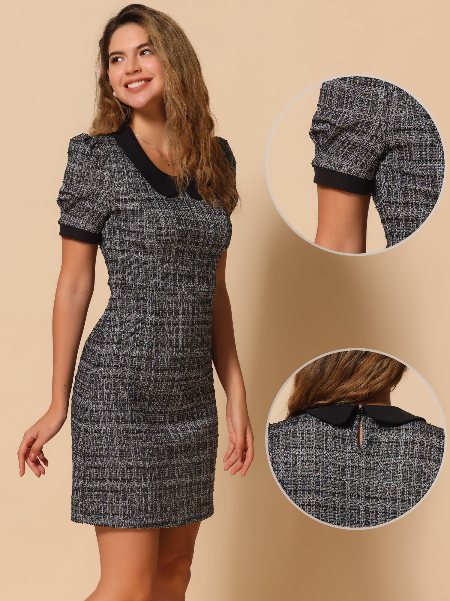 DARING DIVA Peter Pan Collar Plaid Puff Mini Tweed Dress L Black