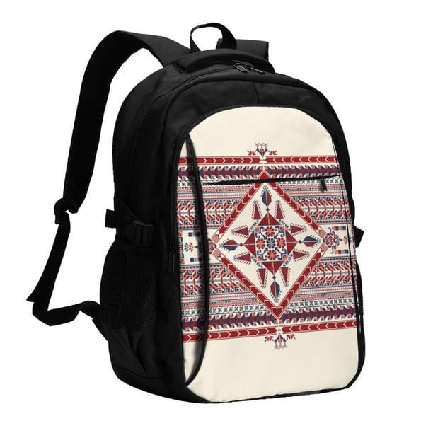 Easygdp Fashion Tatreez Mochila para Laptop de Viaje con Puerto USB, Mochila para Laptop con Puerto de Carga USB para Mujeres y Hombres