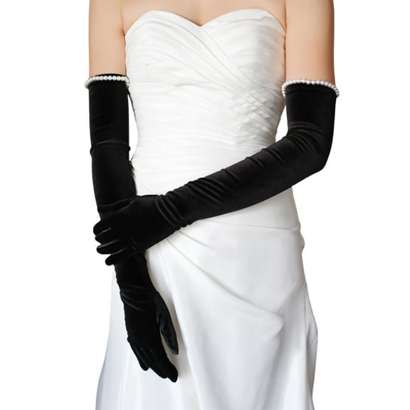 Black Velvet Gloves Pearls Cuff Long Gloves For Bridal Shower Special Occasion