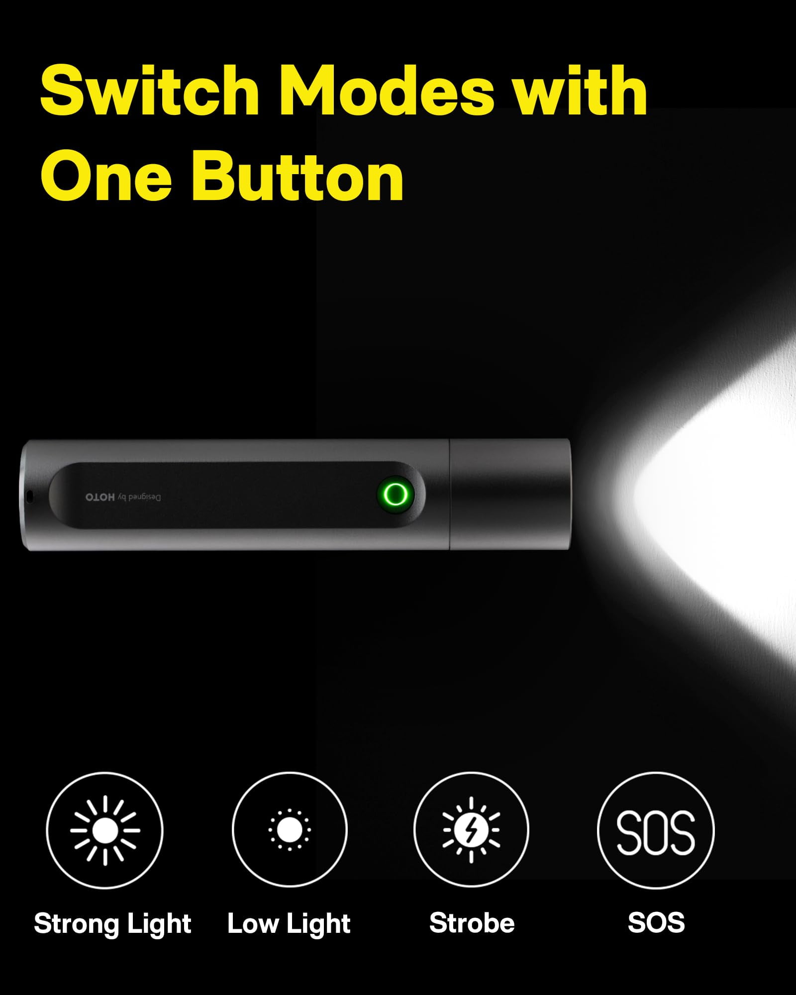 HOTO Flashlight Fit, LED Rechargeable, Usb-C Charging, 3 Modes, Up to 24 Hours, 1500mAh, 280 Lumens, 656ft, IP55 Waterproof