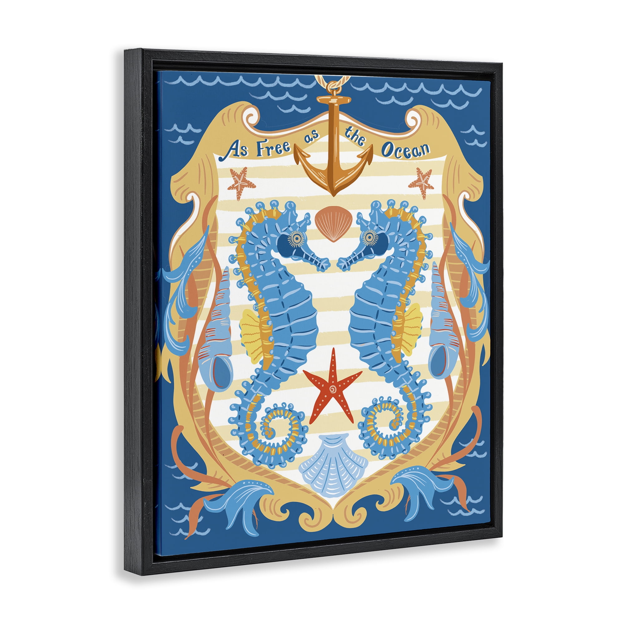 Stupell Industries Free As Ocean Seahorses Nautical & Beach Painting Black Floater Framed Canvas Art Print Wall Art, 25 x 31