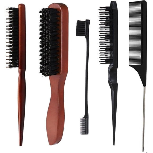5 Piezas Cepillo para Cabello Rizado, de Cerdas Naturales, Peines Para Húmedo O Seco, Peine Melena, Barba y Pestañas, Ergonómico Suave (Marrón, Negro) Marr贸n, Negro