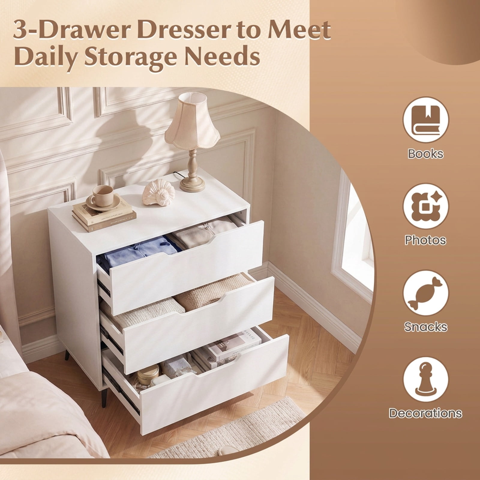 Furnibear 3-Drawer Rustic Farmhouse Wooden Storage Dresser for Bedroom Closet Living Room Nursery Clothes Storage, White