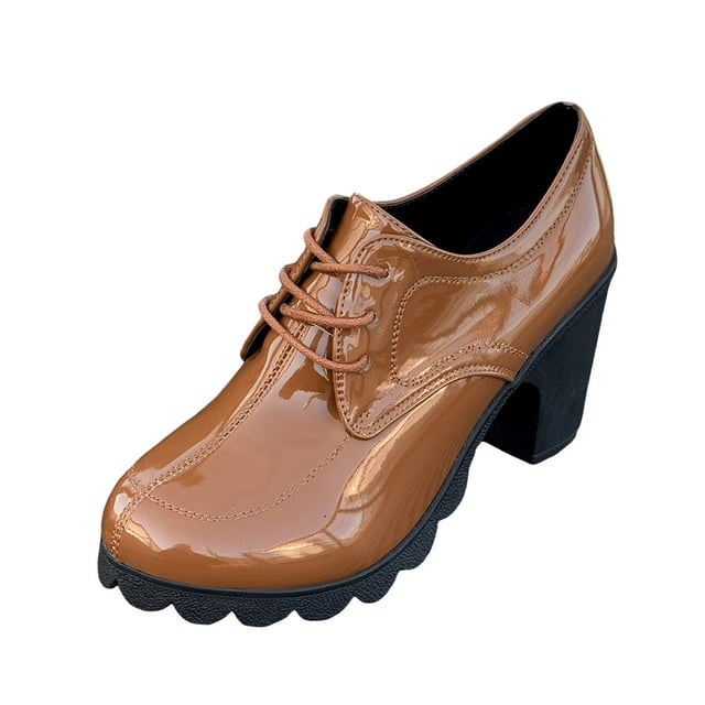 WEAIXIMIUNG Bottines Marron pour Femmes Talon Bas Mode Rétro Couleur Unie Cuir Brillant Lacets Talon Épais Bottines