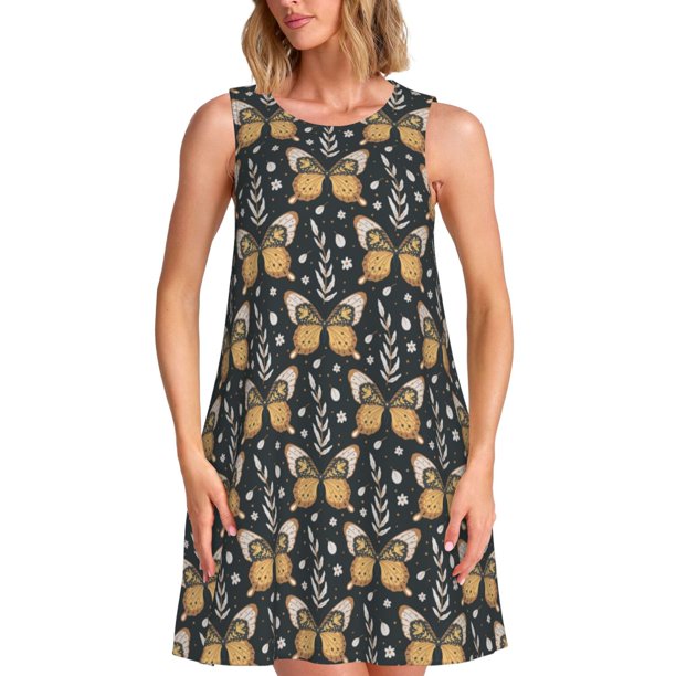 Easygdp Flower Butterfly para Vestido Transpirable de Mujer, Vestido Suelto de Manga Corta con Pliegues y Bolsillos para el Verano
