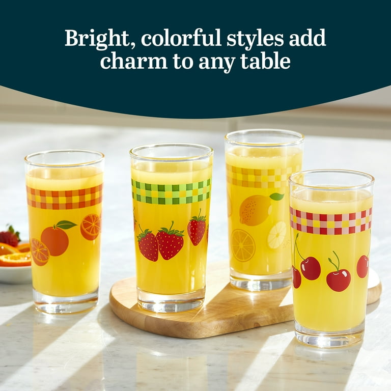 Libbey Vintage Juice Drinking Glasses Set of 4, Colorful, Retro Fruit  Design Glass Cups Set, Dishwasher Safe Water Glasses Set for Everyday  Beverages