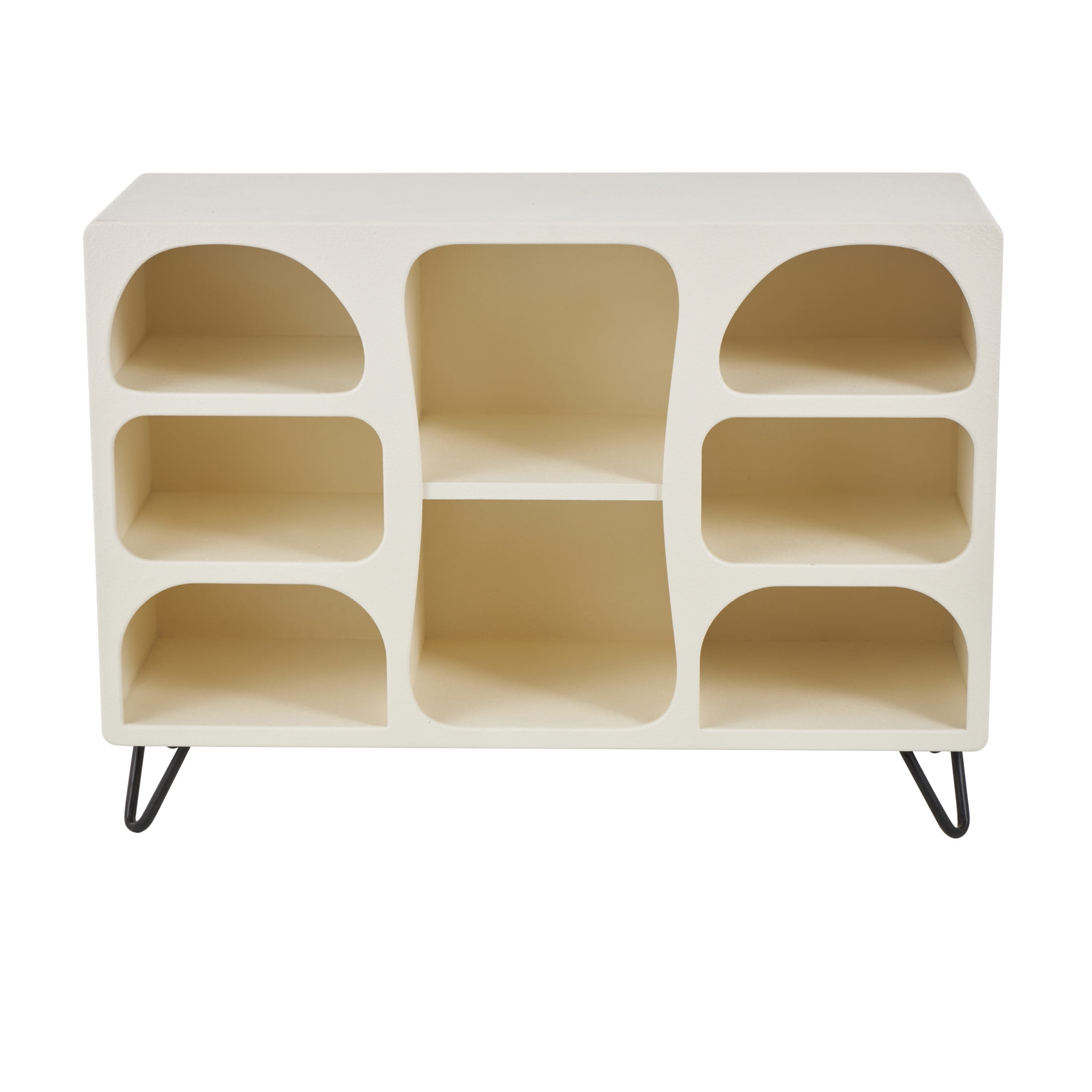 DecMode 40" x 28" Cream Wooden Geometric 8-Tier Shelving Unit with Abstract Block Shapes and Black Hairpin Legs, 1-Piece