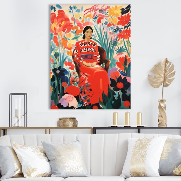 Designart "Floral Woman Portrait Mexican Elegance III" Fashion Canvas Wall Art - Glam Red Woman Mexican Entryway Wall Art