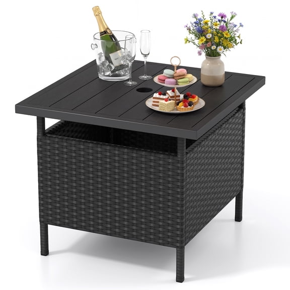 Gymax 22'' Patio Rattan Square Side End Table Garden Bistro Umbrella Stand Table W/Hole Black
