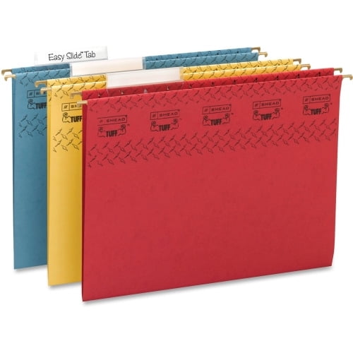 Smead TUFF Hanging Folders with Easy Slide Tab Letter - 8 1/2' x 11' Sheet Size - 1/3 Tab Cut - Top Tab Location - Assorted Position Tab Position - 11 pt. Folder Thickness - Red, Blue, Yellow - 2.50 o