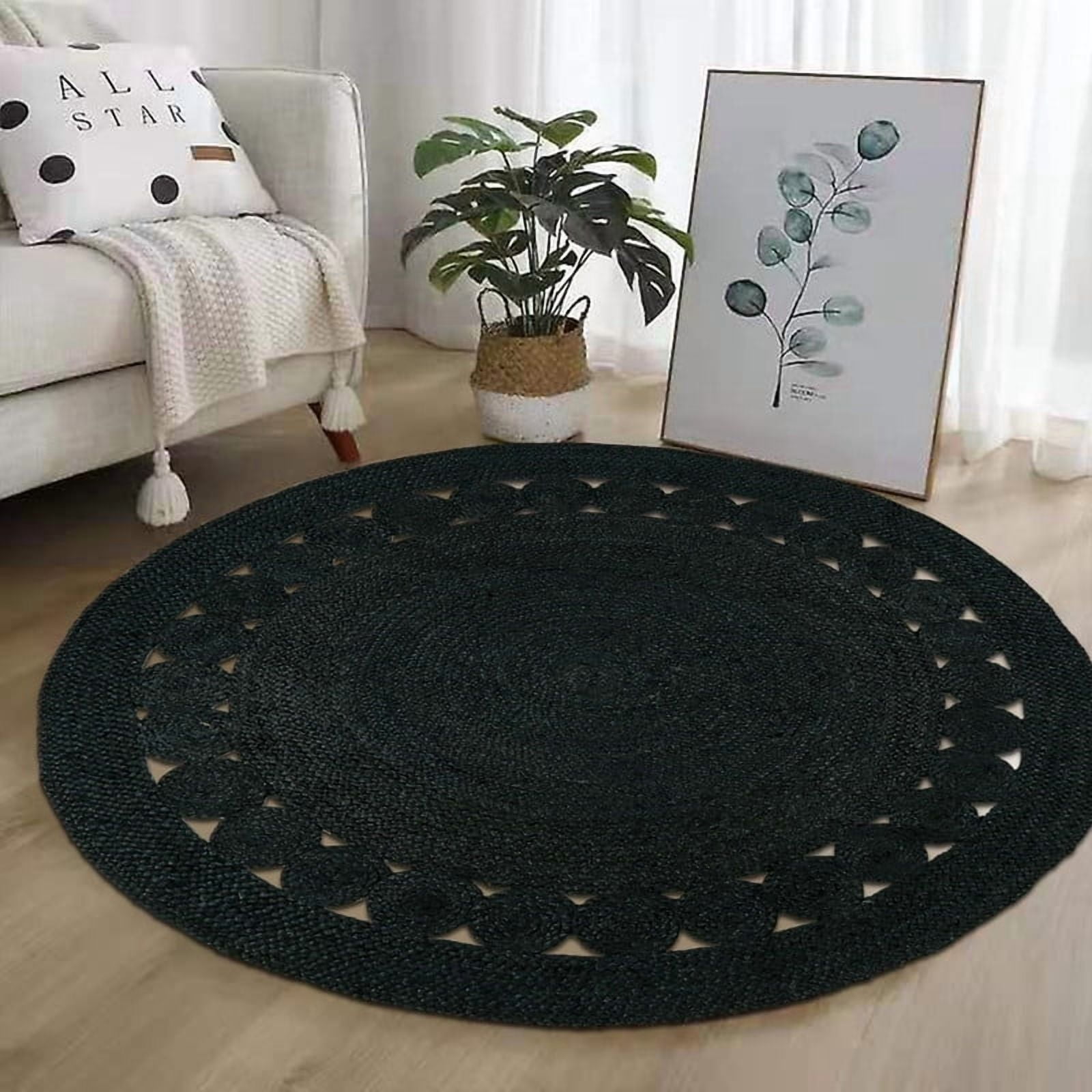 Round Natural Jute Rug, Rustic Boho Coastal Farmhouse Reversible Mat, Black Jute, 3 FT