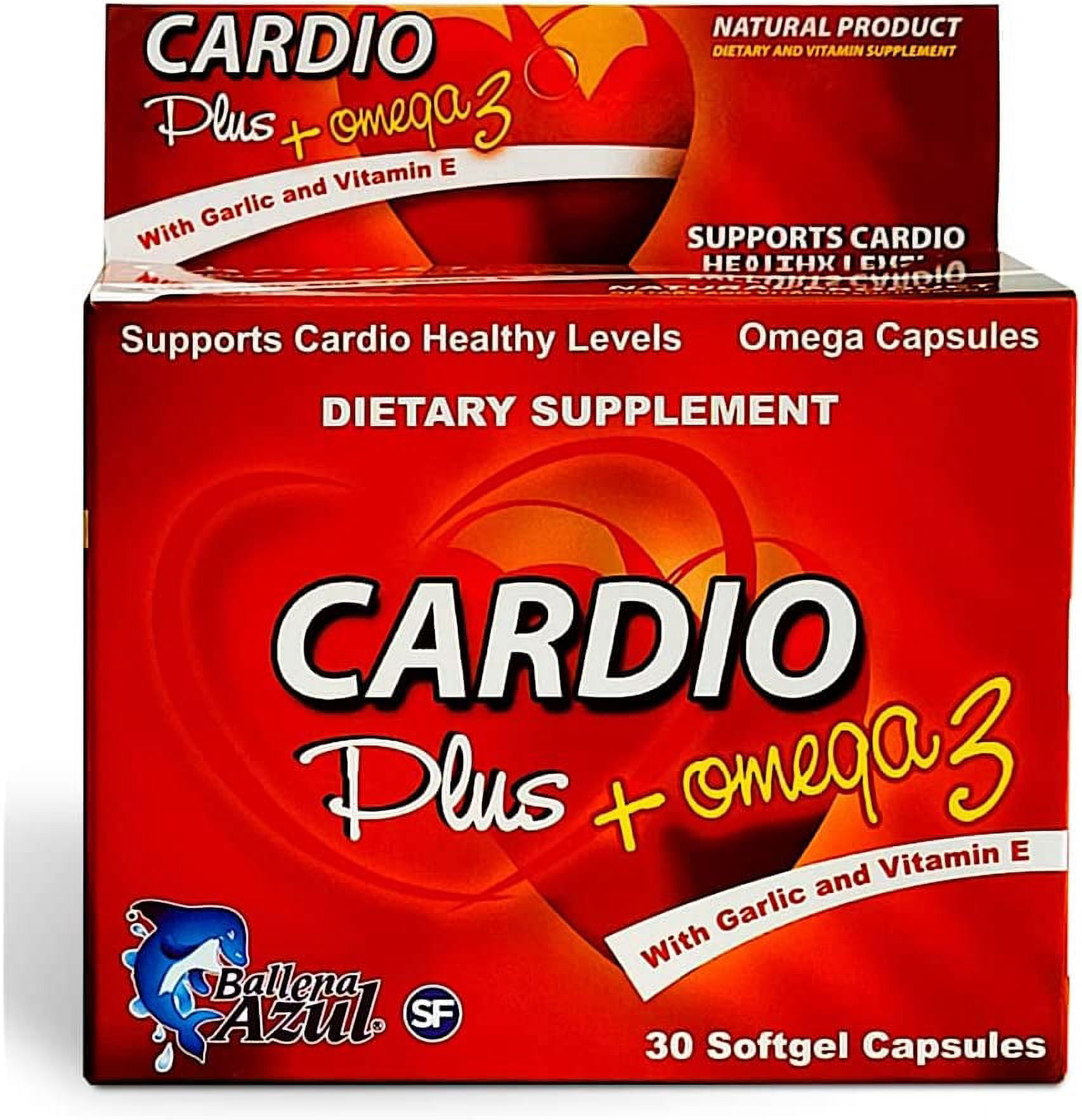 Ballena Azul Dietary and Vitamin Supplement Cardio Plus + Omega 3 with Garlic and Vitamin E, Supports Cardio Healthy Levels, Natural Product