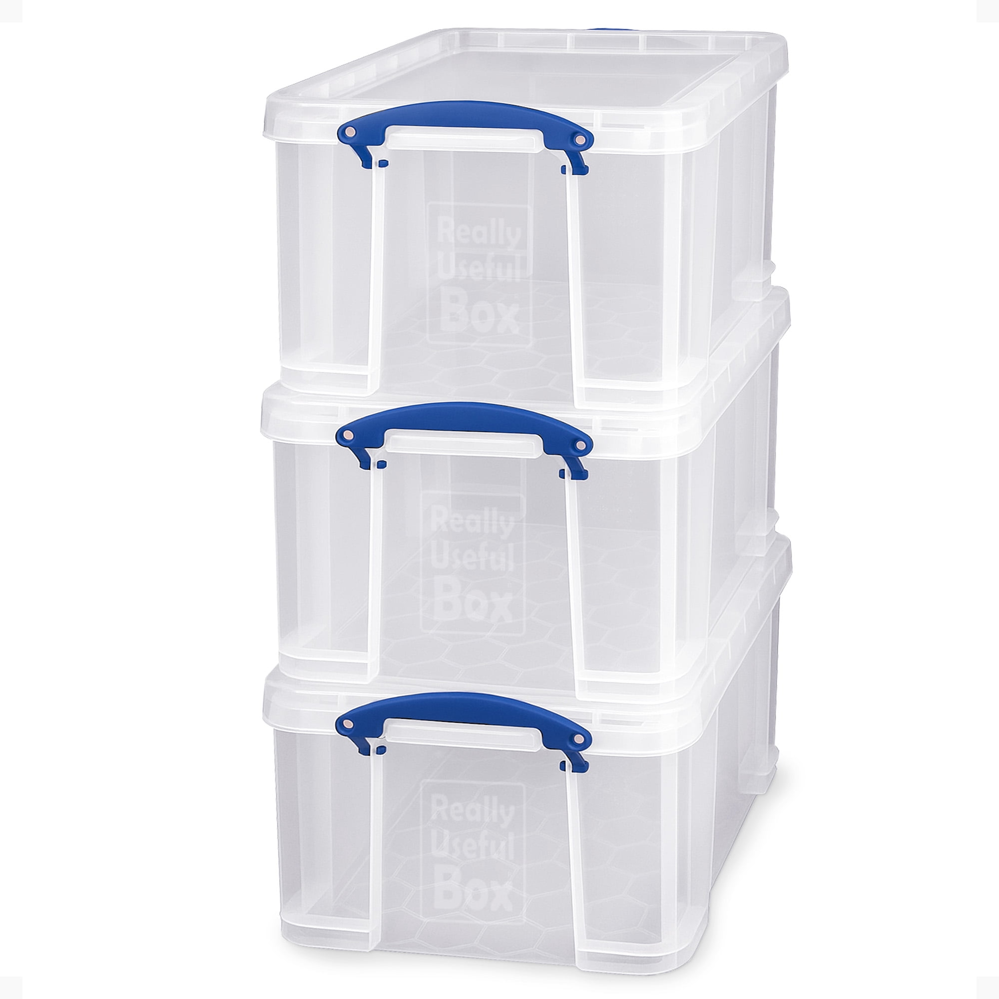 Really Useful Box Clear Stackable Storage Bins with Lids and Handles 32 Liters 3 pack