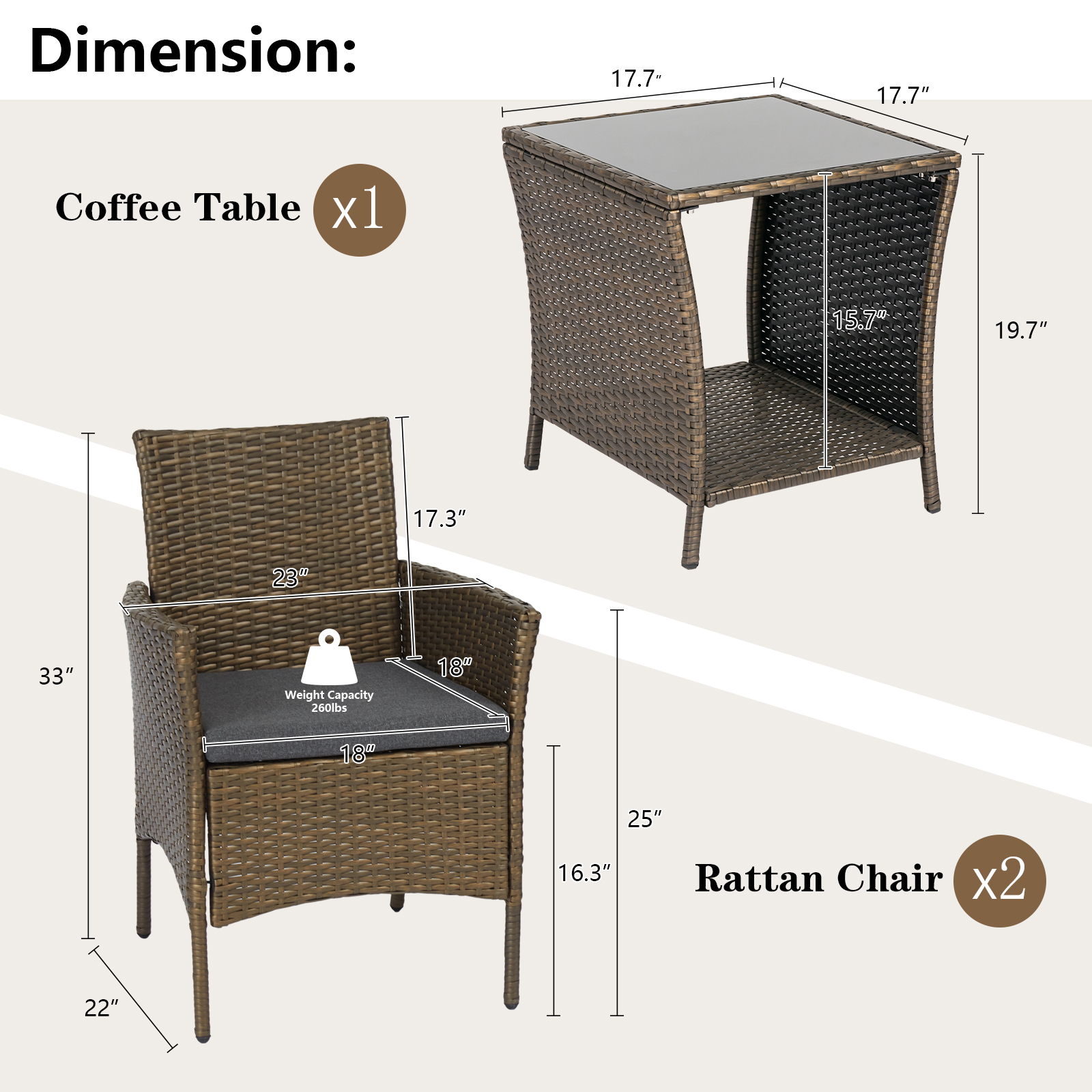 Kinbor 3pcs Rattan Wicker Chair Set with Side Table, Dark Grey - image 5 of 7