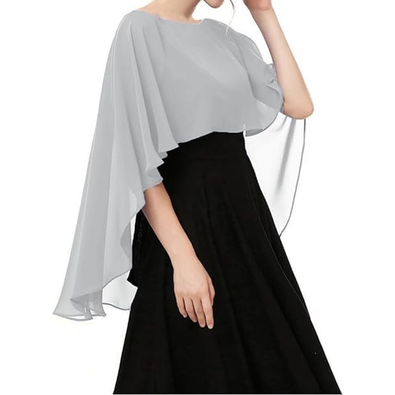 IYYVV Capelets For Women Chiffon Cape Shawls And Wraps For Evening Elegant Dressy Wedding Capes Cover Up Sheer Stole Light Gray