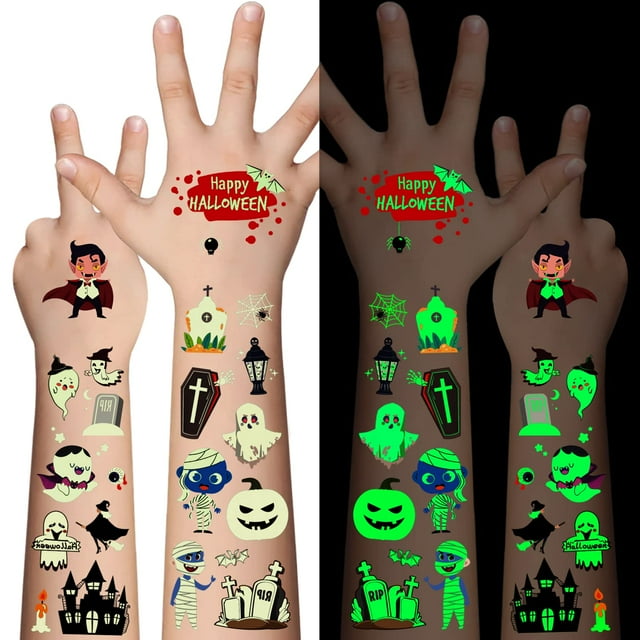 Awinmay Tatuajes Temporales Luminosos de Halloween para Niños - 360 Piezas Tatuajes de Halloween que Brillan en la Oscuridad para Niños y Niñas Premios de Halloween a Granel Regalos o Trucos Regalos d
