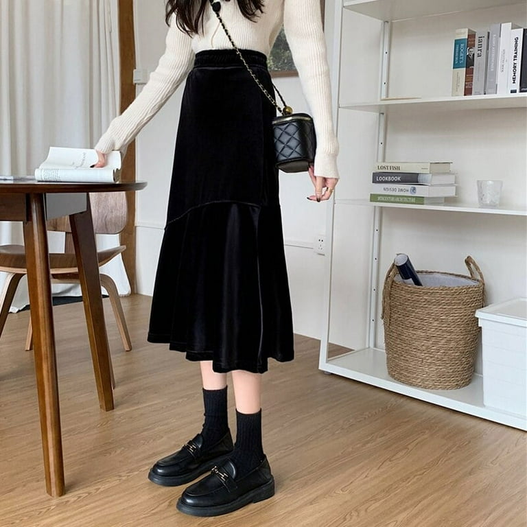 DanceeMangoo Autumn Winter Black Velvet Midi Skirts Women Elegant High Waist Mermaid Skirt Female Korean Style Bag Hip Skirts