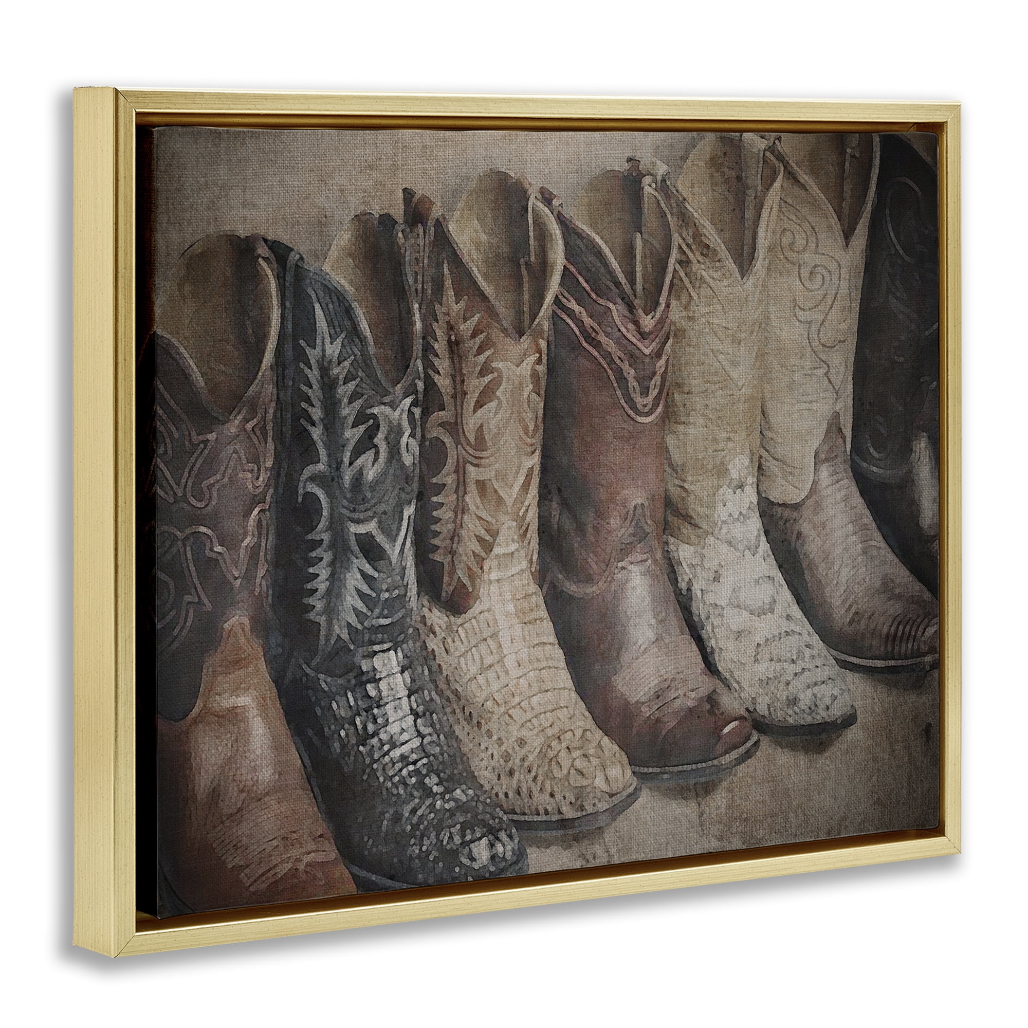 Stupell Industries Texan Lineup Boots Beauty & Fashion Photography Gold Floater Framed Art Print Wall Art, 21 x 17