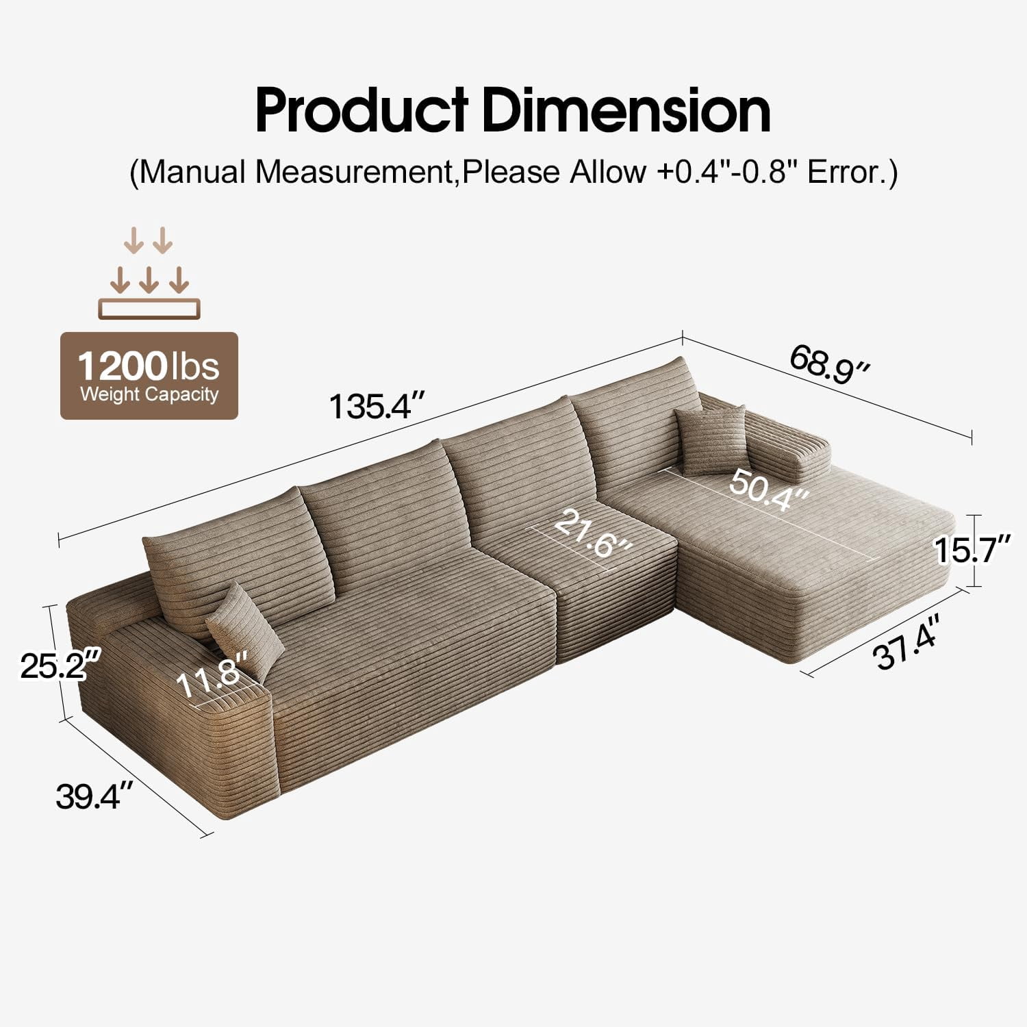 Sailvan 135" Cloud Sectional Couch, Cloudy Sofa with L-Shape Chaise, Upholstered Couches for Living Room & Bedroom, No Assembly Required, Plush Corduroy Fabric, Camel