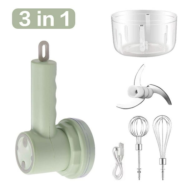 Batidora de mano inalámbrica, batidora eléctrica para huevos, leche y crema, recargable por USB, trituradora para carne, ajo y verduras (3 velocidades)